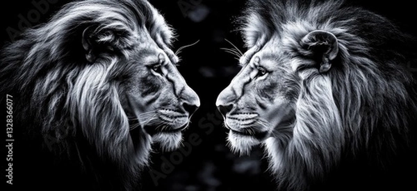 Obraz Magnificent African Lion Pair Showing Affection in Natural Habitat, Wildlife Photography with Open Space for Text