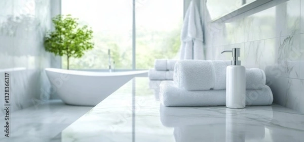 Obraz Minimalist White Bathroom Interior with Marble Table for Product Display and Blurred Background