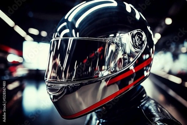 Fototapeta Race Car Driver Wearing Helmet Speeding on Track - 3D Render Gradient Illustration