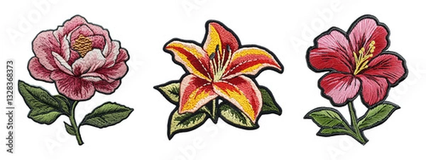 Fototapeta Vibrant colorful floral embroidery patch with leaves isolated on transparent background, in PNG format, cut out