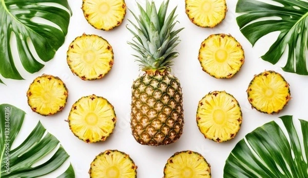 Obraz Sliced pineapple with tropical leaves on white background - Summer creative pattern, top view, flat lay
