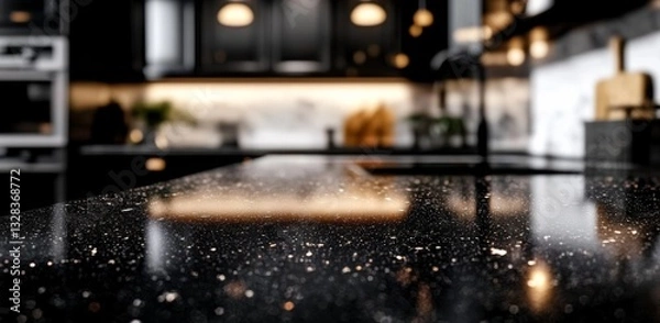 Obraz Sleek Empty Dark Marble Table Top in Kitchen Setting for Product Display on Blurred Background