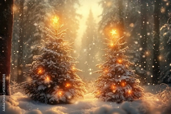 Obraz Sparkling Christmas Tree in Snowy Night with Vintage Style Bokeh Background - Festive Holiday Scene for 2023 New Year
