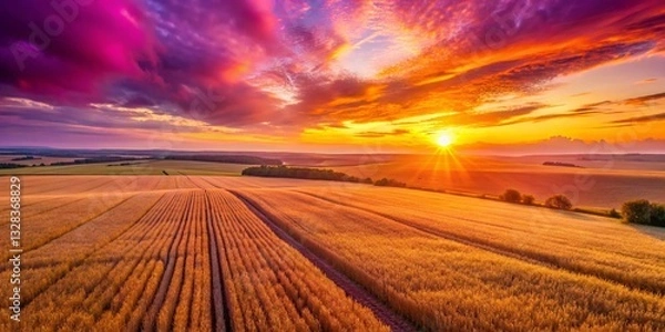 Fototapeta Serene Sunset over Golden Wheat Field - Drone Photography