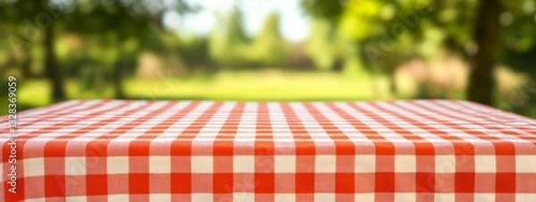 Fototapeta Summer Picnic Setting: Wooden Deck Table with Tablecloth, Green Courtyard Background for Key Visuals of Food and Drink Products