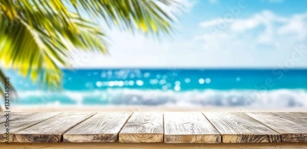 Obraz Summer Product Showcase on Wooden Podium in Bokeh Tropical Sandy Beach Setting with Palm Trees and Turquoise Sea