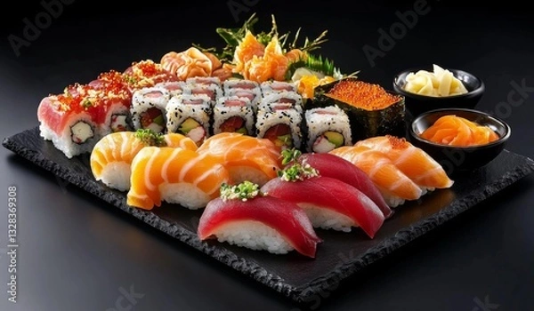 Obraz Sushi Set with Sashimi and Rolls on Stone Slate - Japanese Cuisine Delicious Presentation Concept