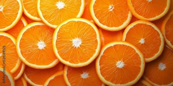 Fototapeta Top view of sliced fresh oranges as a vibrant background for design and creativity