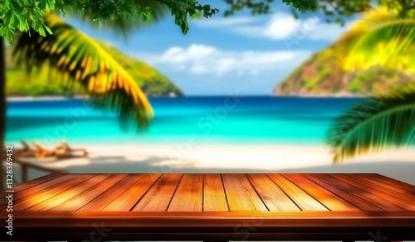 Fototapeta Tropical beach table setting with blurred palm tree and seascape background, ideal for summer vacation product displays