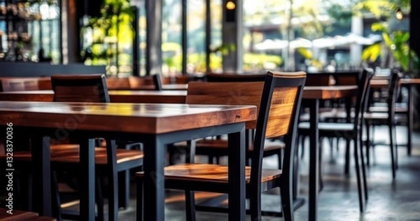 Obraz Warm and inviting cafe interior with wooden floors, tables, chairs, and large windows creating a cozy atmosphere