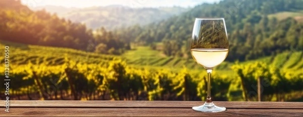 Obraz Wooden Tabletop with Wine Glass on Blurred Vineyard Background. Perfect for Display or Product Montage. Winery and Wine Theme