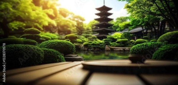 Obraz Zen garden with pond and temple backdrop on empty wooden table for product display or mounting