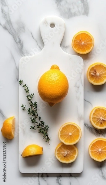 Fototapeta Fresh lemons and thyme on a marble cutting board. A vibrant and zesty still life, perfect for culinary or healthy lifestyle content.