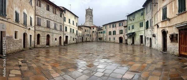 Fototapeta Empty cobblestone square in historic town on a rainy day, surrounded by aged stone buildings and a church tower in the background.
