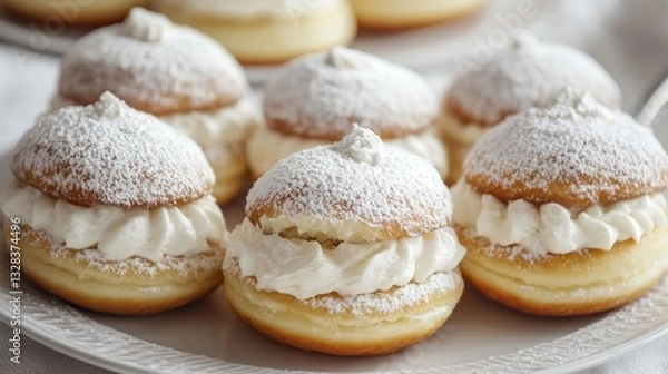 Fototapeta Several cream filled pastries sprinkled with powdered sugar are presented