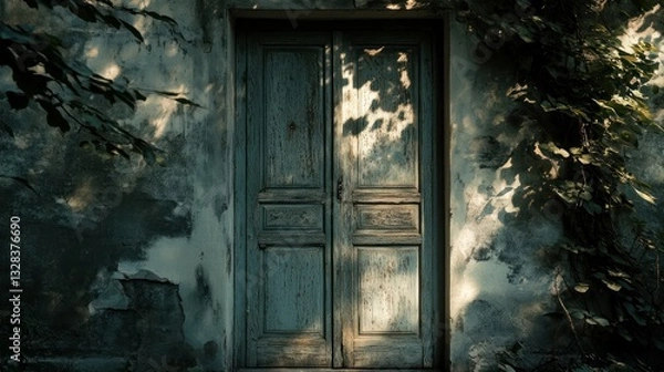 Fototapeta Aged wooden door set in a weathered and overgrown wall