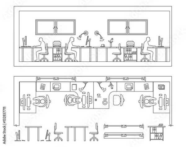 Fototapeta Architectural set of furniture. Design elements for floor plan, premises. Thin lines icons. Office technics, tables, equipment computer people flowers. Standard size. Vector isolated