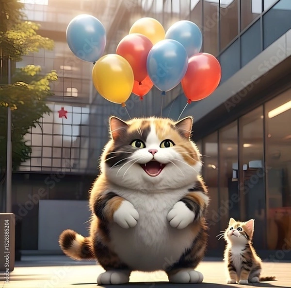 Obraz a fat cat holding a balloon accompanied by a kitten