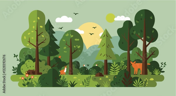 Obraz Peaceful Green Forest Landscape with Trees and Mountains