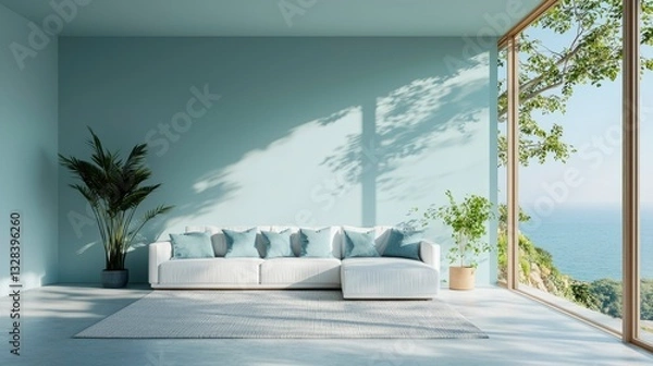 Fototapeta Serene living room with ocean view, featuring a white sectional sofa, light blue walls, and potted plants. Sunlight streams through a large window
