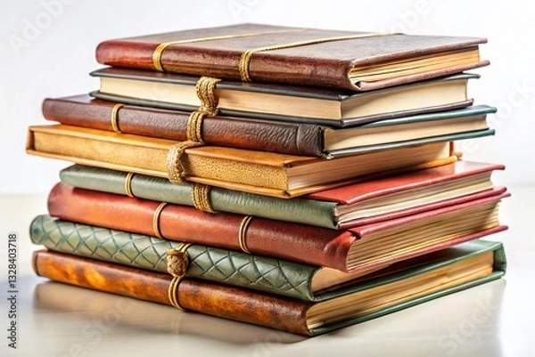 Fototapeta Stacks of Vintage Photo Albums & Diaries on White Background - Nostalgia Memory Collection