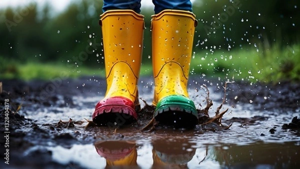 Fototapeta Close-Up of Colorful Rubber Boots in a Puddle Illustration for Jump in Muddy Puddles Day