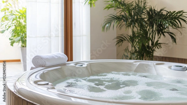 Obraz Luxurious jacuzzi with serene bubbles, surrounded by lush greenery and natural light