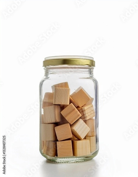 Fototapeta A glass jar with a gold lid filled with small, light brown wooden cubes. Simple, clean, and natural.
