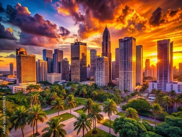 Fototapeta Stunning Sunset Cityscape: Modern Skyscrapers & Palm Trees Silhouette