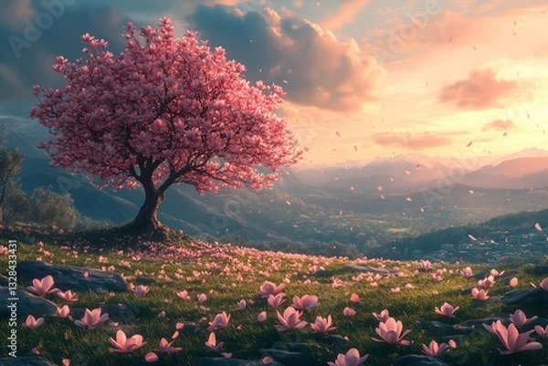 Fototapeta Lush green hillside adorned with a single blooming tree at sunset, creating a tranquil natural landscape