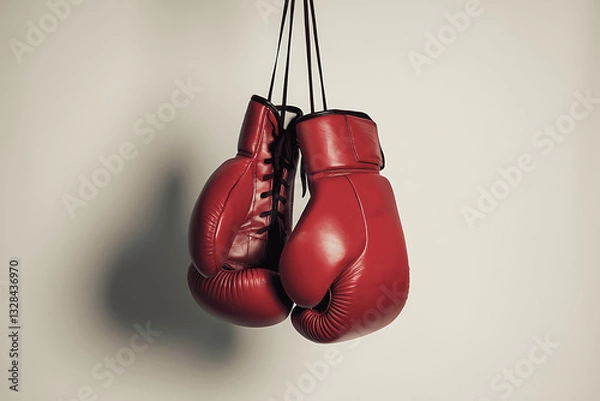 Fototapeta A pair of vintage red leather boxing gloves hang from cords against a light gray background. The gloves show wear, suggesting past use in boxing or martial arts.