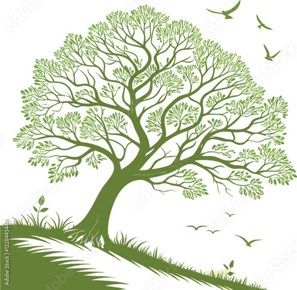 Obraz Stylish Green Tree with Birds Vector Illustration
