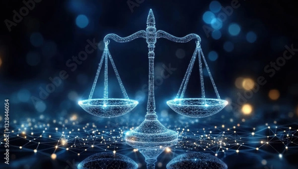 Fototapeta digital representation of scales of justice, symbolizing fairness and balance in legal system, illuminated by network of data connections