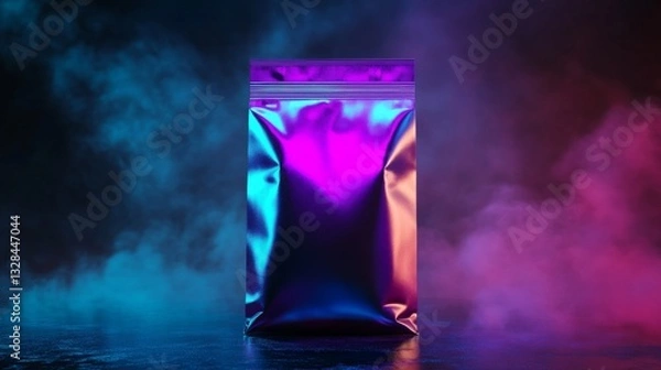Fototapeta Luxury coffee bag with dark iridescent colors like purple and blue, set against a moody background with ambient lighting. 8K render. 