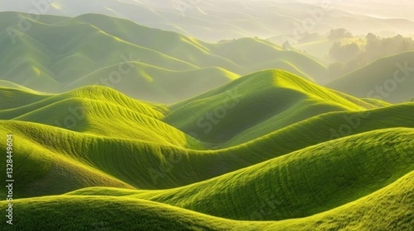 Fototapeta Serene rolling hills of lush green fields with sunlit patterns