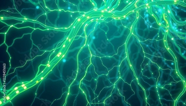Fototapeta Abstract Neural Network: Glowing Green Pathways of Digital Synapses