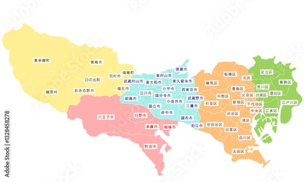 Obraz 地図_東京都境界線色分け文字あり