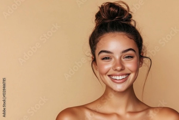 Fototapeta Radiant young woman smiling brightly against a soft beige background. Generated AI