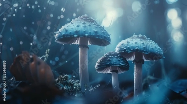Fototapeta Close-up of mushrooms in a misty forest, surrounded by soft light and glowing bokeh, creating a magical atmosphere..