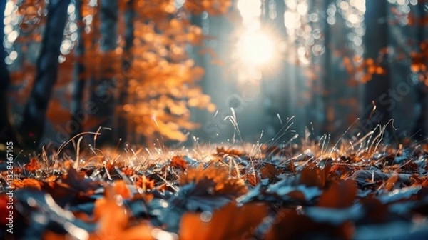 Fototapeta Bright sunlight filters through the trees, casting light on fallen autumn leaves in a serene forest setting..