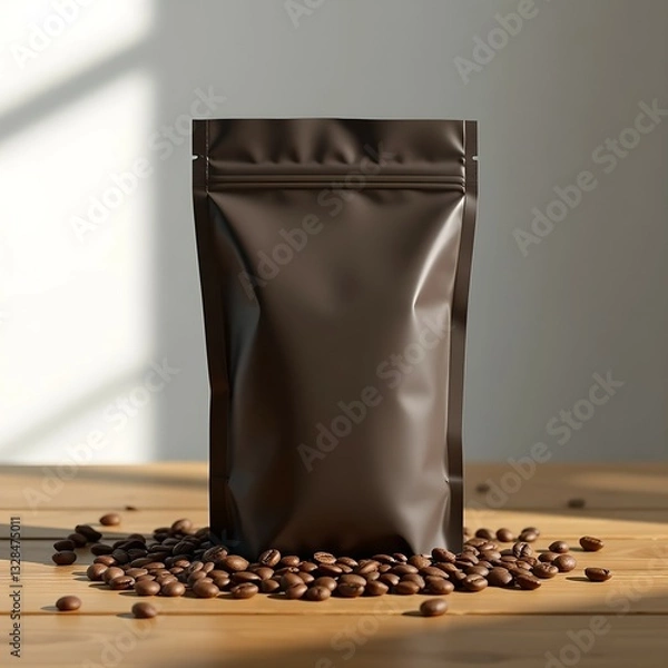 Fototapeta Matte black coffee pouch mockup with beans, ideal for branding and packaging design , generative AI