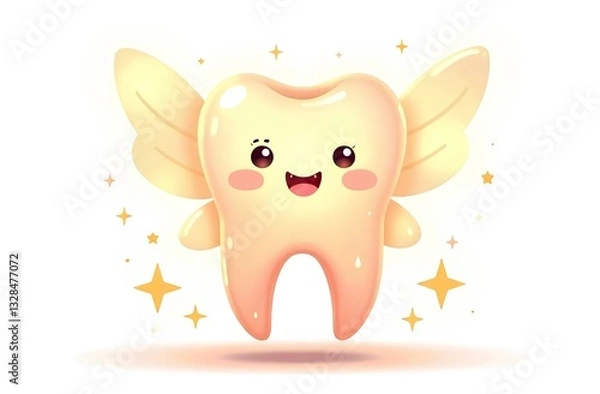 Obraz Luminous tooth fairy with a cute face, transparent flickering wings, and glowing magical sparks