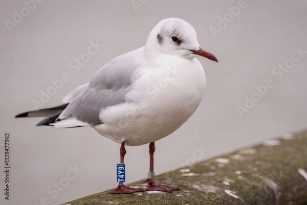 Obraz Black-headed Gull bird, Chroicocephalus ridibundus with ring.