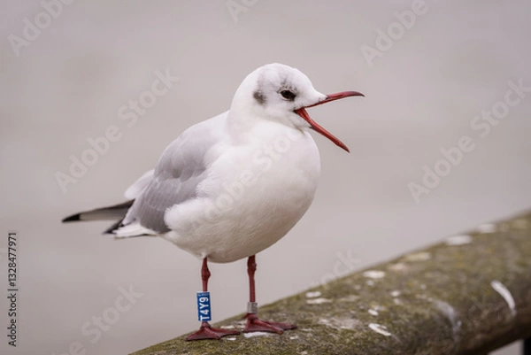 Obraz Black-headed Gull bird, Chroicocephalus ridibundus with ring.