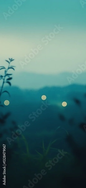 Fototapeta Tranquil Mountain Scene with Glowing Lights and Misty Atmospheric Effect