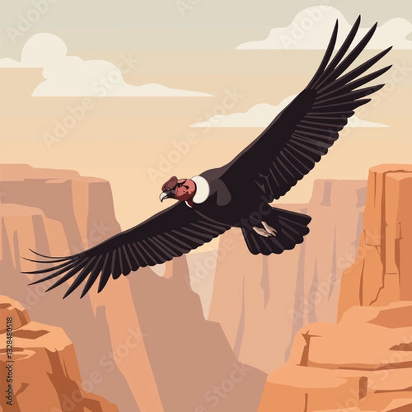 Fototapeta Condor Soaring Over Desert Canyon Landscape with Clouds and Warm Sky