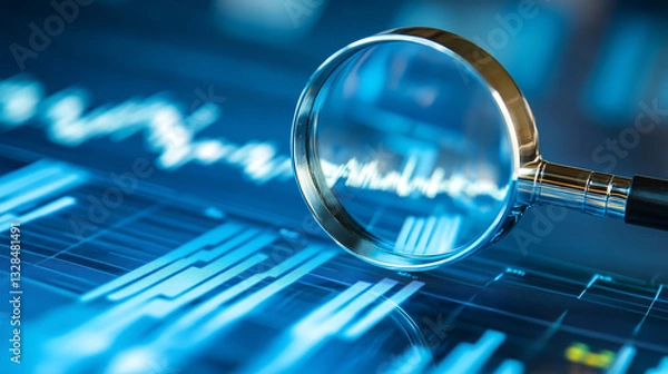 Fototapeta Business data analysis depicted with a magnifying glass on a blue background.