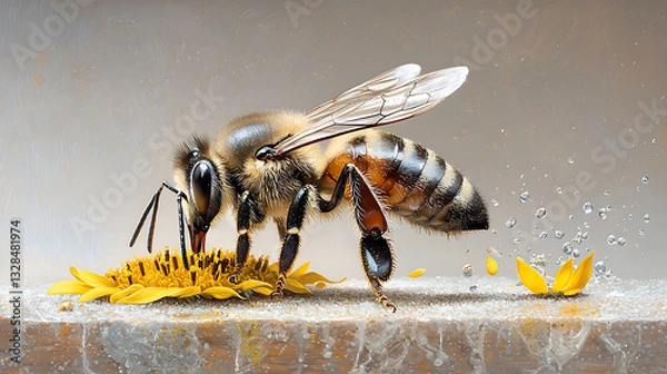 Fototapeta Bee pollination action flower field macro photography natural environment close-up view life cycle concept