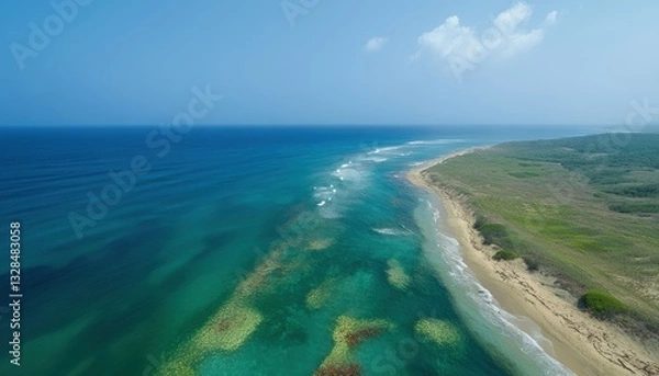 Fototapeta Degraded coastal area with dead coral reefs ocean side aerial view environmental concern minngkwan