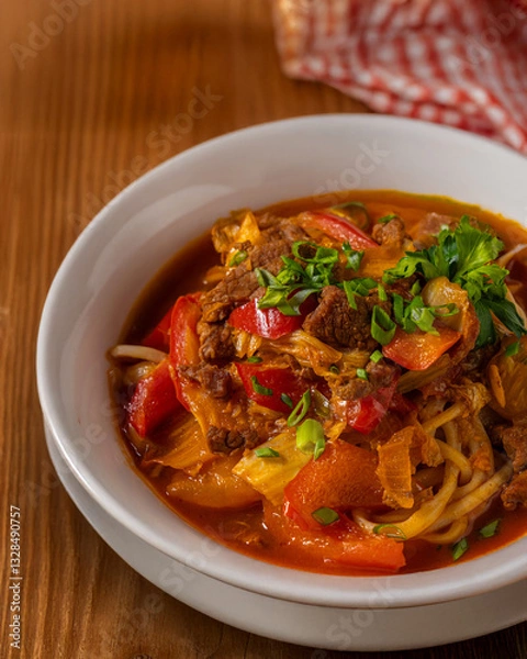 Obraz Lagman Popular Central Asian National dish of Dungan and Uyghurs, Lagman of beef, noodles of cabbage, Bulgarian pepper, celery, carrots, tomato paste, garlic, herbs.